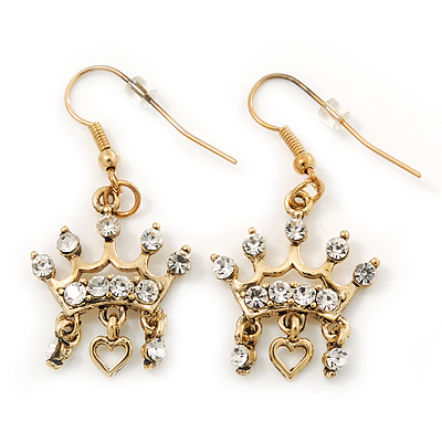 Gold Plated Crystal 'Crown' Drop Earrings - 45mm Length - main view