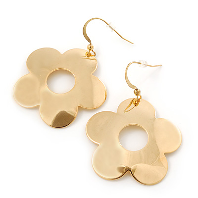 Polished Gold Plated 'Daisy' Floral Drop Earrings - 55mm Length - main view