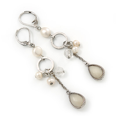 Vintage Inspired Beaded Linear Drop Earrings With Leverback Closure In Silver Tone - 65mm Length - main view