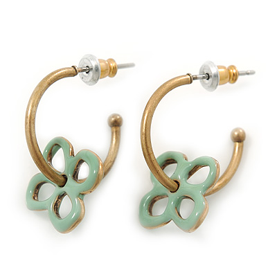 Vintage Inspired Small Hoop With Mint Flower Earrings In Gold Plating - 18mm Diamater - main view