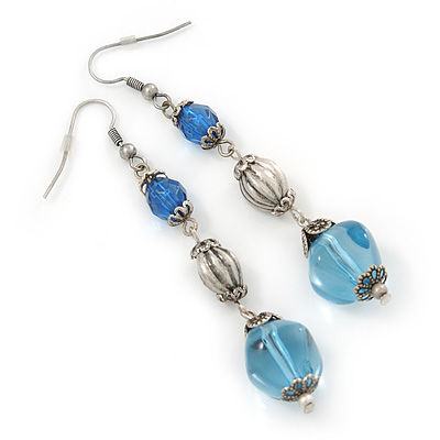 Long Blue Acrylic Bead Linear Drop Earrings In Antique Silver Metal - 75mm Length - main view