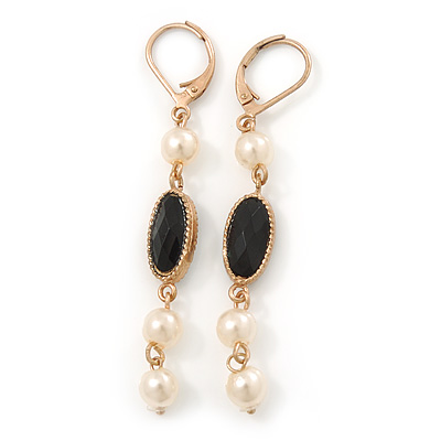 Vintage Inspired Simulated Pearl Beaded Drop Earrings With Leverback Closure In Gold Tone - 55mm Length - main view