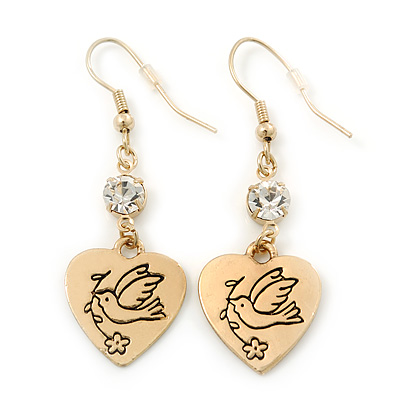 Gold Plated Heart With Dove, Crystal Drop Earrings - 50mm Length - main view