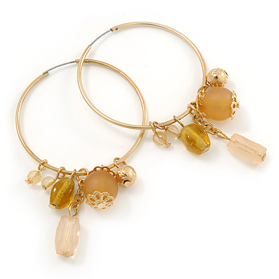 Gold Tone Hoop Earrings With Beaded Charms - 40mm D - main view