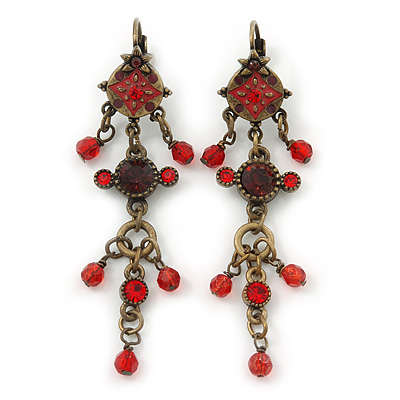 Vintage Inspired Red Enamel, Crystal, Bead Drop Earrings With Leverback Closure In Bronze Tone Metal - 65mm Length - main view