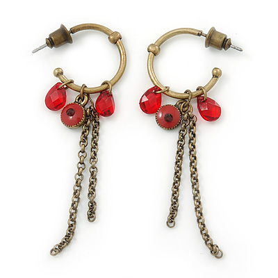 Small Vintage Inspired Bronze Tone Hoop Earrings With Cranberry Acrylic Beads & Chains - 55mm Length