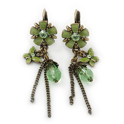 Light Green Enamel, Crystal Flower & Butterfly Drop Earrings With Leverback Closure In Burn Gold Tone - 55mm Length - main view