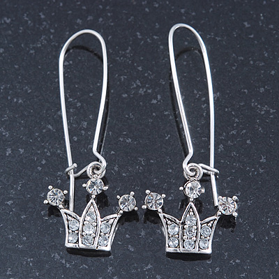 Silver Plated Crystal 'Crown' Drop Earrings - 45mm Length