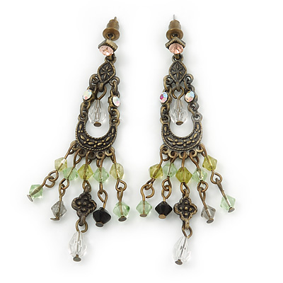 Vintage Inspired Bronze Tone Olive Green Acrylic Bead Chandelier Earrings - 70mm Length - main view