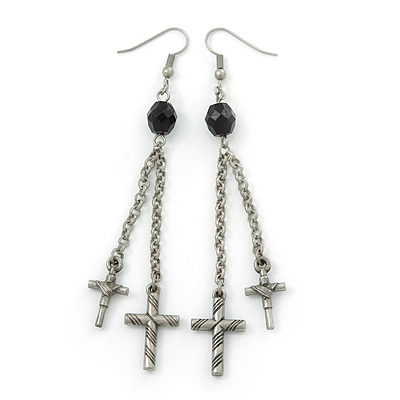 Long Vintage Inspired Chain Cross Dangle Earrings In Antique Silver Metal - 95mm Length - main view