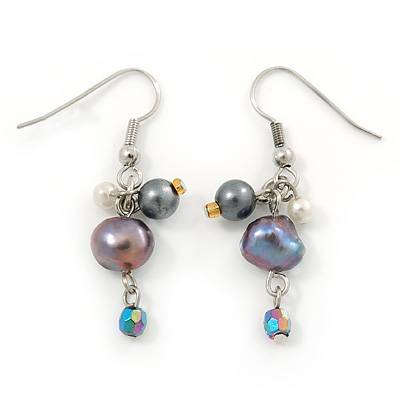 Black, Purple Cluster Freshwater Pearl Drop Earrings In Silver Tone - 40mm L - main view