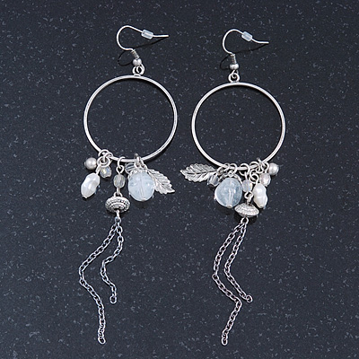 Long Antique Silver Tone Bead, Chain Charm Hoop Earrings - 12cm Length - main view