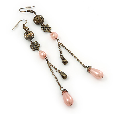 Vintage Inspired Bronze Tone Filigree, Pink Acrylic Bead, Chain Drop Earrings - 11cm Length - main view