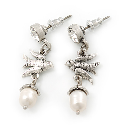 Vintage Inspired Swallow With Freshwater Pearl Drop Earrings In Silver Tone - 35mm Length - main view