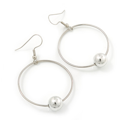 Silver Tone Hoop With Ball Drop Earrings - 55mm Length - main view