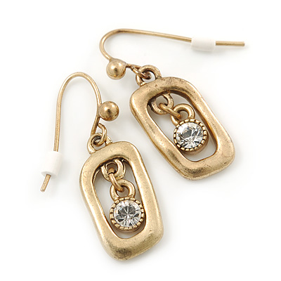 Vintage Inspired Open-Cut Square With Crystal Dangle Drop Earrings In Gold Tone - 30mm Length - main view