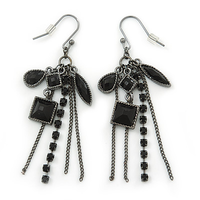 Victorian Style Black Bead & Chain Dangle Earrings In Gun Metal Finish - 60mm Length - main view