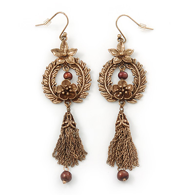 Vintage Inspired Floral Freshwater Pearl, Tassel Drop Earrings In Bronze Tone - 85mm Length - main view