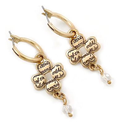 Vintage Inspired Small Hoop Earrings With In-scripted Clover Charm (Gold Tone) - 40mm L - main view