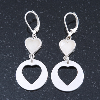 Matt Silver Tone Mother of Pearl Double Heart Drop Earrings With Leverback Closure - 50mm Length