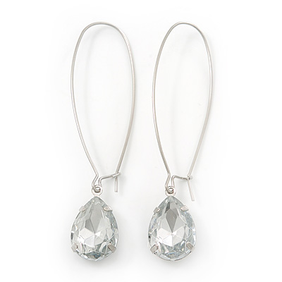 Silver Tone Clear Glass Teardrop Dangle Earrings - 70mm Length - main view