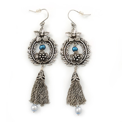 Vintage Inspired Floral Freshwater Pearl, Tassel Drop Earrings In Burn Silver Tone - 85mm Length - main view