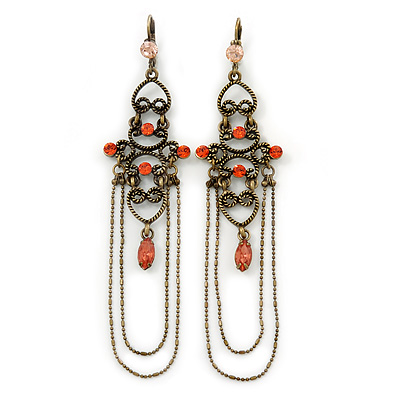 Long Vintage Inspired Carrot Diamante Chandelier Earrings With Leverback Closure In Burn Silver Tone - 11cm Length - main view