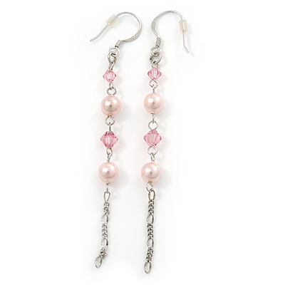 Long Pale Pink Simulated Pearl, Glass Bead Linear Drop Earrings 925 Sterling Silver - 8cm Length - main view
