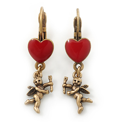 Vintage Inspired Gold Tone Red Enamel Heart, Angel Drop Earrings With Leverback Closure - 40mm Length - main view