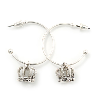 Silver Tone Hoop With Crown Drop Earrings - 30mm Diameter