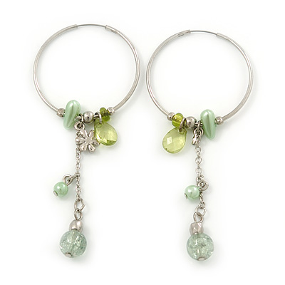 Silver Tone Hoop With Pale Green Bead Chain Dangle - 70mm Length - main view