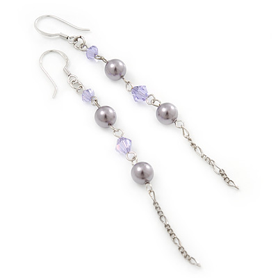 Long Lavender Simulated Pearl, Glass Bead Linear Drop Earrings In Silver Tone - 8cm Length