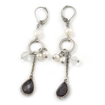 Vintage Inspired Simulated Pearl Bead Drop Earrings With Leverback Closure In Silver Tone - 60mm L - main view