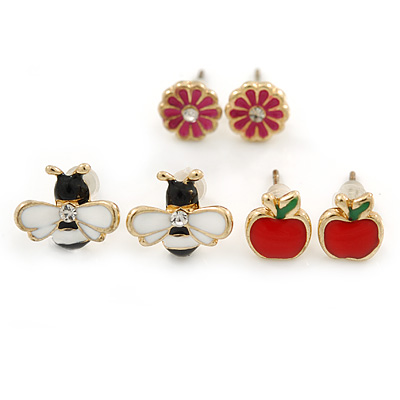 Children's/ Teen's / Kid's Red Apple, Pink Flower, Black/ White Bee Stud Earring Set In Gold Tone - 8-10mm