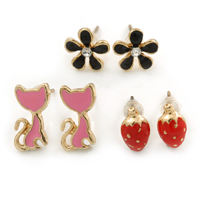 Children's/ Teen's / Kid's Black Flower, Red Strawberry, Pink Cat Stud Earring Set In Gold Tone - 10-12mm