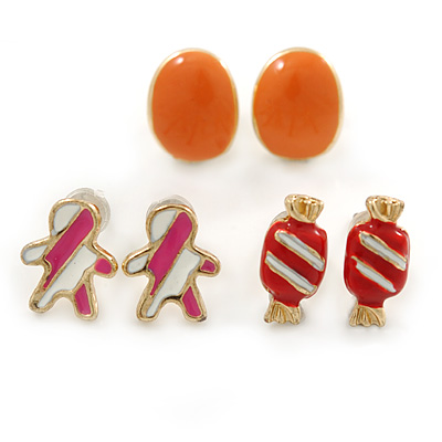 Children's/ Teen's / Kid's Red Candy, Pink Gingerbead Man, Orange Oval Stud Earring Set In Gold Tone - 10mm (Set of 3 Studs) - main view