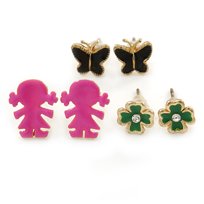 Children's/ Teen's / Kid's Black Butterfly, Green Daisy, Deep Pink Baby Girl Stud Earring Set In Gold Tone - 8-14mm (Set of 3 Studs) - main view