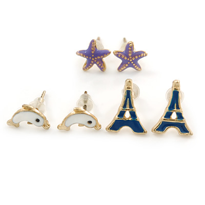Children's/ Teen's / Kid's Dark Blue Eiffel Tower, Purple Starfish, White Dolphin Stud Earring Set In Gold Tone - 10-12mm