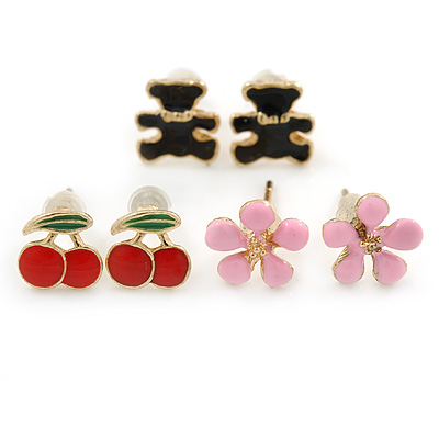 Children's/ Teen's / Kid's Pink Flower, Red Cherry, Black Teddy Bear Stud Earring Set In Gold Tone - 8mm