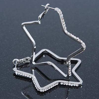 Medium Silver Plated Clear Austrian Crystal 'Star' Hoop Earrings - 55mm Diameter - main view