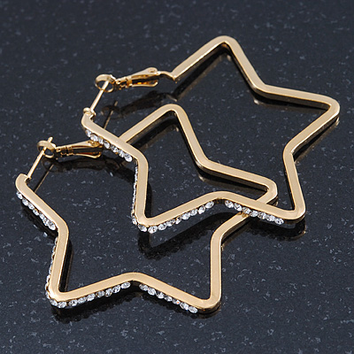 Medium Gold Plated Clear Crystal 'Star' Hoop Earrings - 55mm Diameter - main view