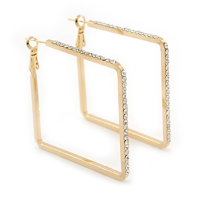 Gold Plated Crystal Square Hoop Earrings - 45mm Width