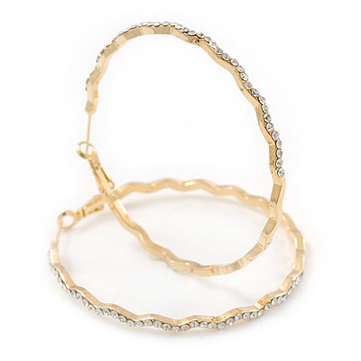 Large Gold Plated Clear Austrain Crystal Wavy Hoop Earrings - 60mm D - main view