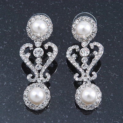 Bridal Wedding Prom Simulated Glass Pearl, Crystal Drop Earrings In Rhodium Plating - 45mm Length - main view