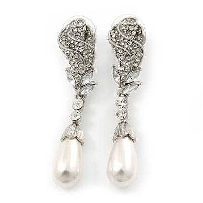 Bridal, Prom, Wedding Austrian Crystal, White Simulated Glass Pearl 'Rose' Drop Earrings In Rhodium Plating - 60mm Length - main view