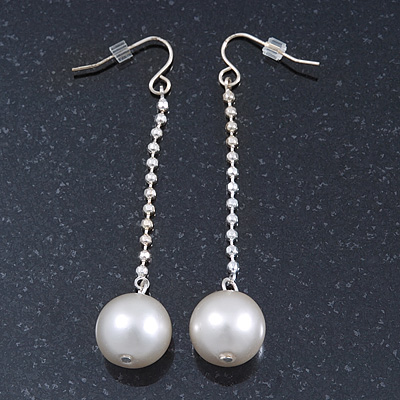 Silver Tone Bead Chain With White Faux Pearl Drop Earrings - 70mm Length - main view