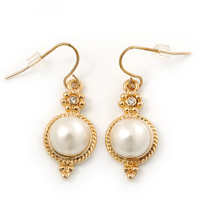 Vintage Inspired White Simulated Pearl Drop Earrings In Gold Plating - 35mm Length - main view