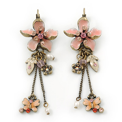 Vintage Inspired Pale Pink Enamel Floral Drop Earrings With Leverback Closure In Antique Gold Tone - 60mm Length - main view