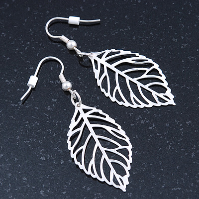 Light Silver Tone Leaf Drop Earrings - 55mm L - main view