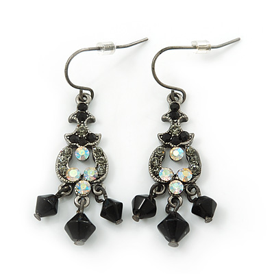 Victorian Style Black Glass Bead, AB Crystal Drop Earrings In Burn Silver Metal - 45mm Length - main view